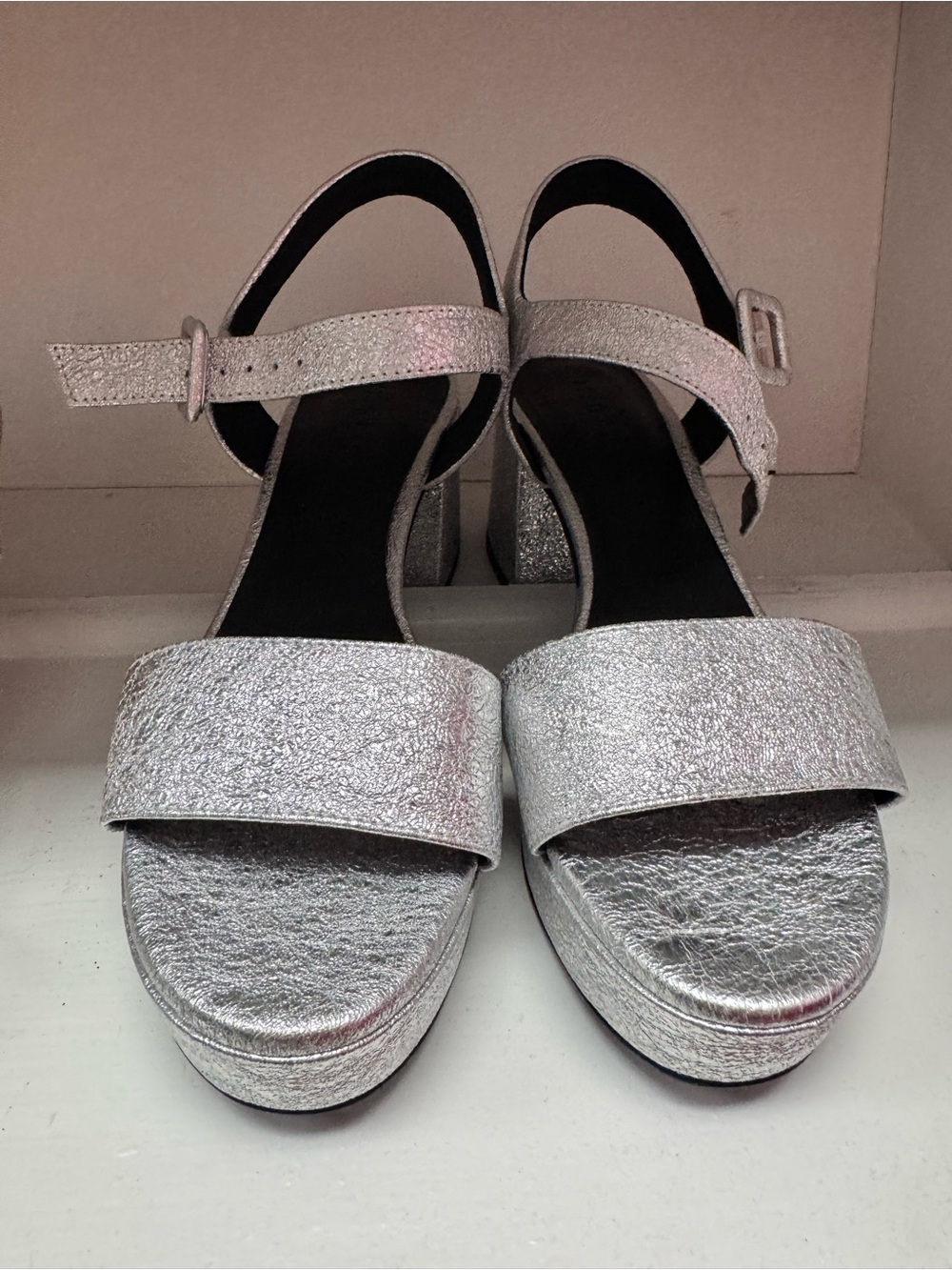 M. Gemi Italian Silver Metallic Women’s Block Heel Sandals